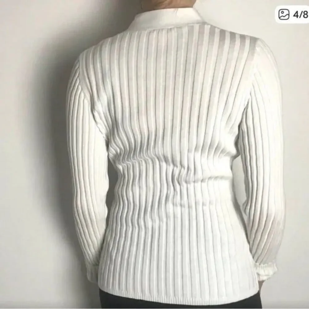 Tory Burch 100% cotton Cardigan white Ribbed silver logo Buttons Sz S